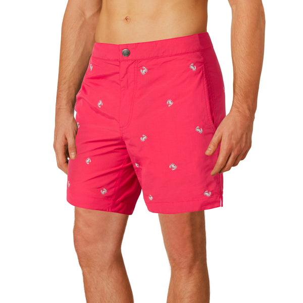 Aruba 6.5" Coral Red Embroidered Crabs Swim Trunks