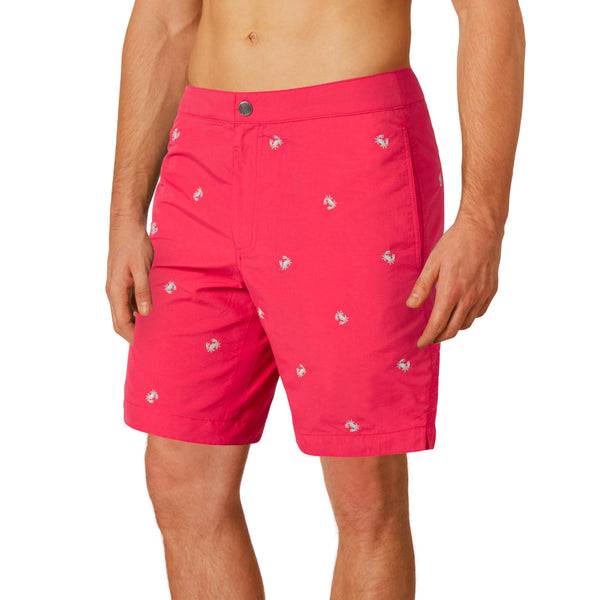 Aruba 8.5" Coral Red Embroidered Crabs Swim Trunks